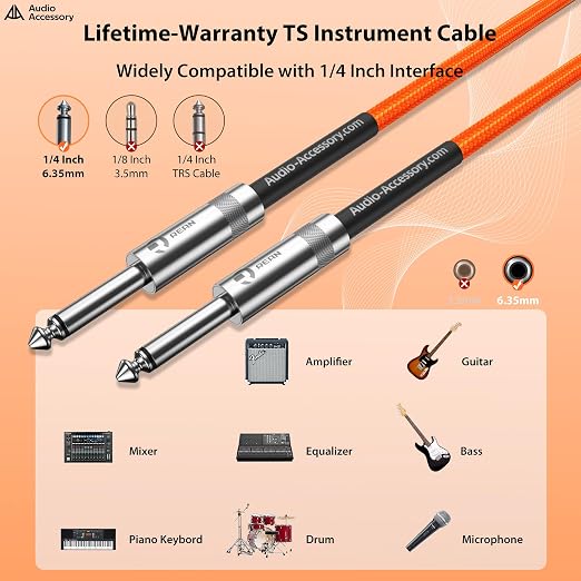 AA AUDIO ACCESSORY Guitar Cable 20ft, Nylon Braided Anti-Kinking Kevlar-Reinforced, 20AWG 99.99% OFC 1/4 Instrument Cable, Dual Shielded Amp Cord for Fender Electric Guitar, Neon Orange