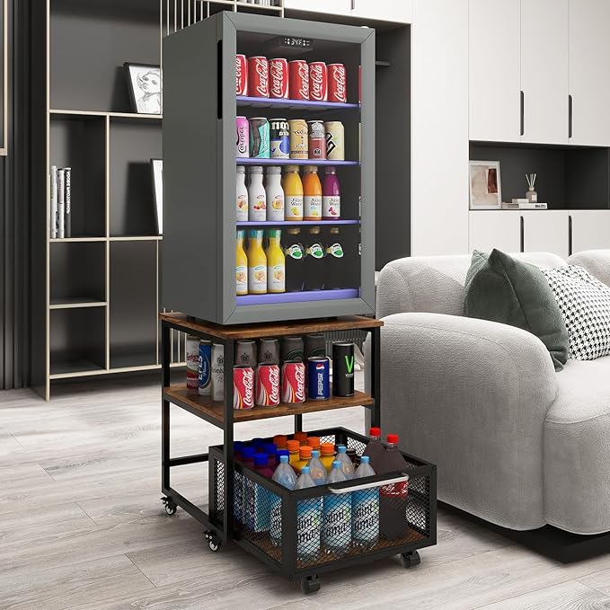 PUNCIA 19.7"x19.7" Mini Fridge Stand 3-Tier Storage Beverage Fridge Table | 220-lb Capacity Beverage Refrigerator Table, Heavy Duty Rolling Organizer with Drawers for Dorm Apartment Office Bedroom