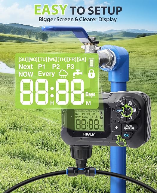 HIRALIY 59FT Drip Irrigation Kit with Water Timer, Quick-Connect Garden Watering System with 15 Adjustable Misting Nozzles, 1/4 in Tubing for Greenhouse, Hanging Plants & Raised Beds