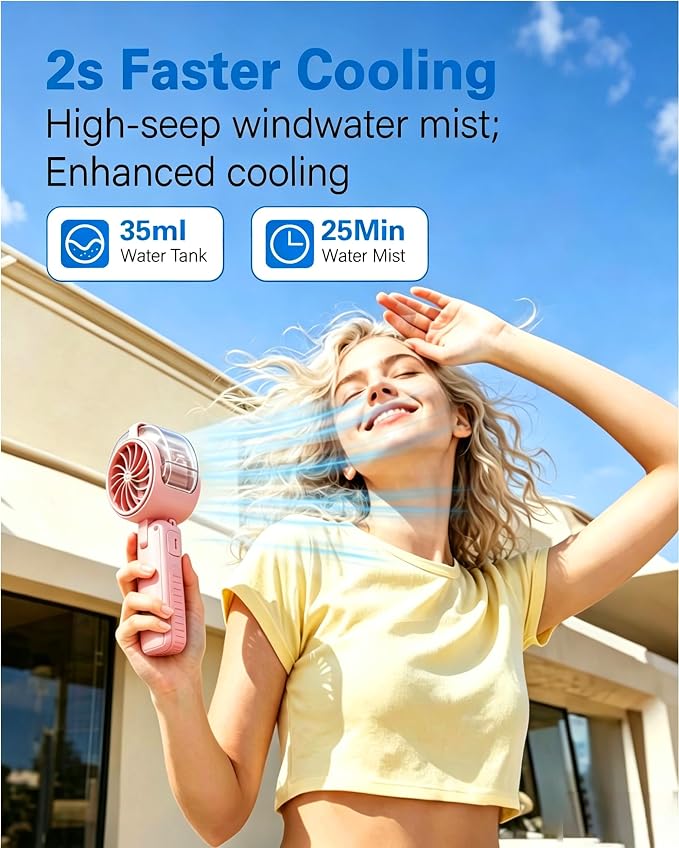 Portable Handheld Misting Fan Foldable, 6000mAh USB Rechargeable Personal Cooling Fan,5 Speed Mini Water Spray Fan,3 in 1 Hand/Desk/Neck Turbo Mist Fans for Home Outdoor Travel Beach Camping (pink)