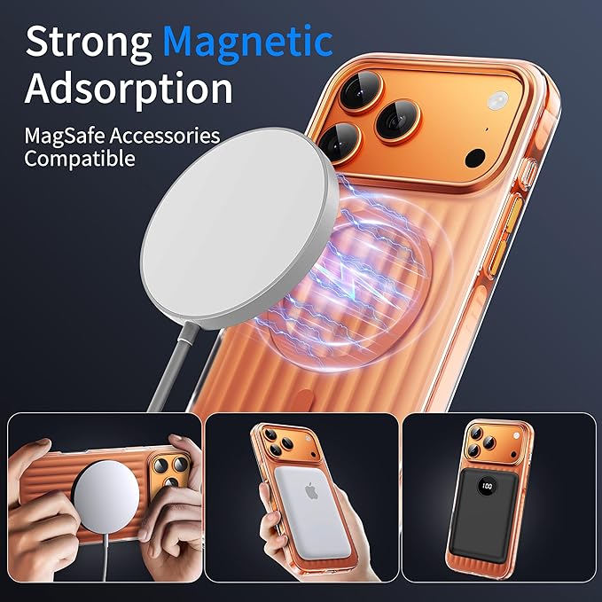 Strong Magnetic for iPhone 17 Pro Max case,1XLens Protector[10Ft Military-Grade Protection] Compatible with fit MagSafe Shockproof Slim Thin Cover case for iPhone 17 Pro Max 6.9 inch,Orange Metal