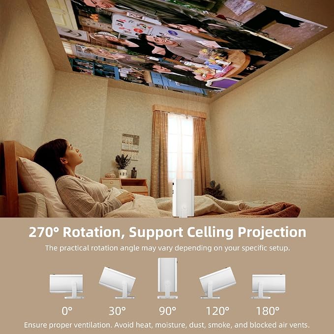 Mini Projector, Portable Projector 4K & Full HD 1080P Support, 270° Rotation Outdoor Projector, Movie Projector Compatible with Smartphone, TV Stick, Laptop, PS4, HDMI, USB