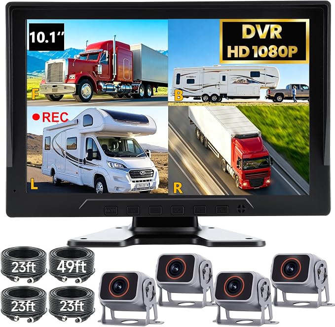 4-Camera Wired Backup Camera System for Truck & RV, 10.1" 1080P Quad Split Monitor, DVR Recording, Night Vision, Waterproof Vibration-Proof for Trailer, Tractor & Heavy Equipment