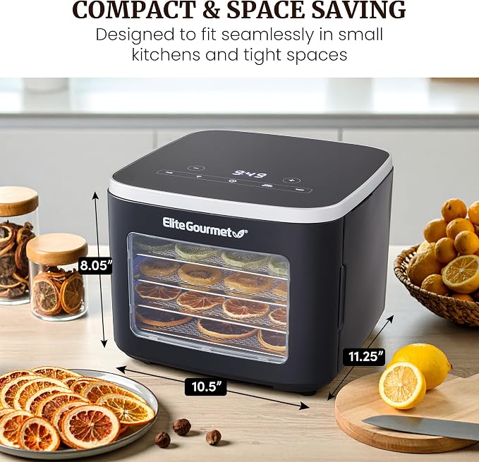 Elite Gourmet EFD809D Food Dehydrator with 5 Stainless Steel Trays, Adjustable Temp & Time + Keep Warm, Includes Interior Light, Fruit Roll Tray and Recipe Booklet, Black