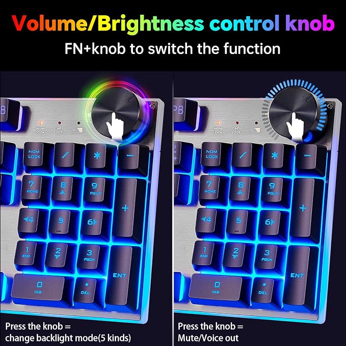 Wireless Gaming Keyboard with knob and Mouse Combo USB Dongle 2.4G Rechargeable 3000mAH Battery RGB Backlit Stainless Panel 4200DPI Side Button Mice for PC Laptop Compatible with Windows 8/9/10 MacOS