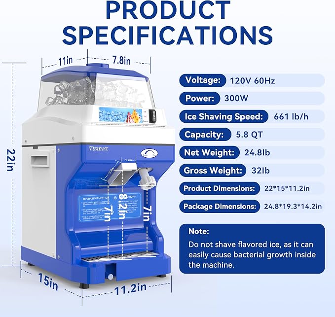 Electric Ice Shaver Machine, 300W Shaved Ice Machine, Thickness Adjustable Snow Cone Maker Machine 661LBs/hr Ice Crusher for Bar Parties Events Snack, Home and Commerical Use Blue(5.8Qt)