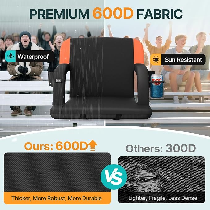 HOPERAN Dual-Sided Heated Stadium Seats for Bleachers with Back Support, 3 Levels Heating Bleacher Seats with Backs and Cushion Wide, 5 Pockets Portable Stadium Chair for Outdoor Sports (Orange)