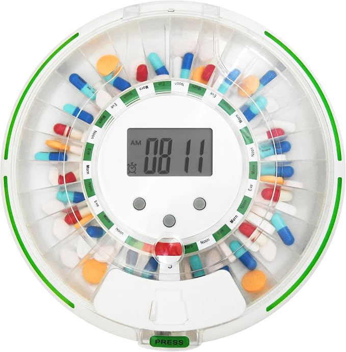 Automatic Pill Dispenser with Flashing Light, Sound, Alarm and Safety Lock, 28-Day Electronic Medication Organizer – Dispense Vitamins and Tablets Up 6 Times/Day – Easy Read Display (Clear)