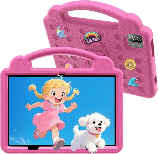 10 Inch Kids Tablet with Handle Case,Android 15 Tablets for Age 3-12,64GB Educational Pad,Parental Control,5G WIFI6,Dual Camera,6000mAh,Bluetooth (Pink)