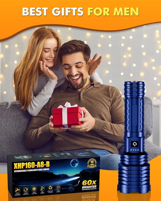 baibian Rechargeable Flashlight 100000 High Lumens, Super Bright Flashlights High Powered, Handheld Waterproof Tactical LED Flashlight-Zoomable 5 Modes-31H Runtime for Emergency Camping (Blue)