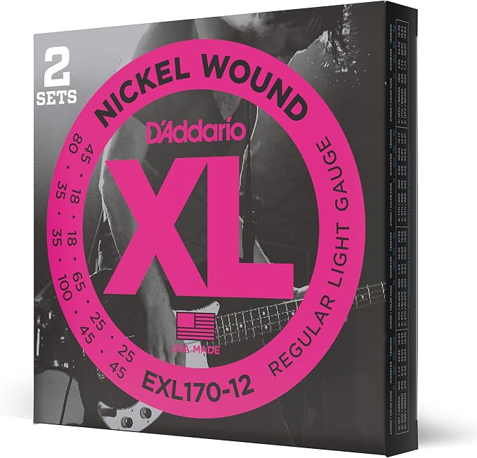 D'Addario Electric Bass Guitar Strings, XL Nickel, EXL170-12, Regular Light Gauge 18-45, Long Scale, 12-String Set, Pack of 1