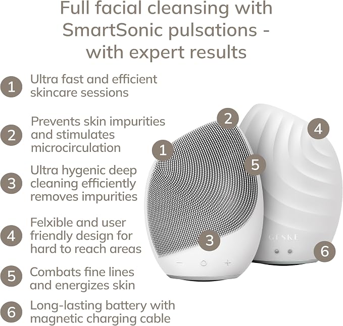 GESKE SmartAppGuided™ Sonic Facial Brush 5 in 1 | Vibrating Electric Facial Cleansing Brush | Soft Silicone Brush | Professional Facial Cleanser | Skin Cleanser & Exfoliator | Face Massager