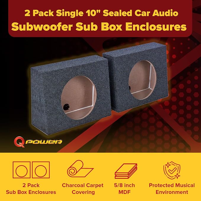 QPower Pack of 2 Single 10-Inch Sealed Subwoofer Boxes, 0.9 Cubic Feet of Airspace Per Box, Solid 5/8-Inch MDF Construction