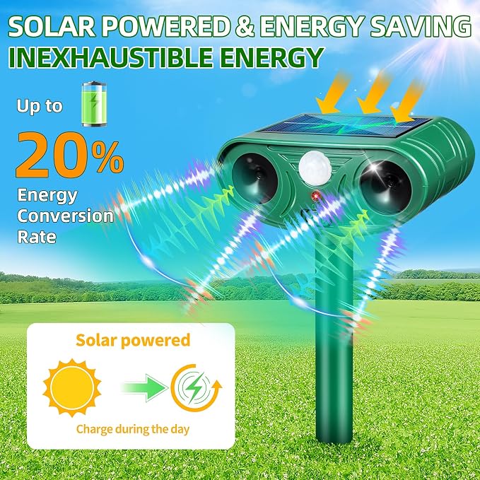 2026 Solar Animal Repellent Outdoor with Motion Deer Repellent Devices Ultrasonic Cat Deterrent Fox Raccoon Rabbit Squirrel Coyote Deterrent Waterproof for Yard & Garden 2Pack