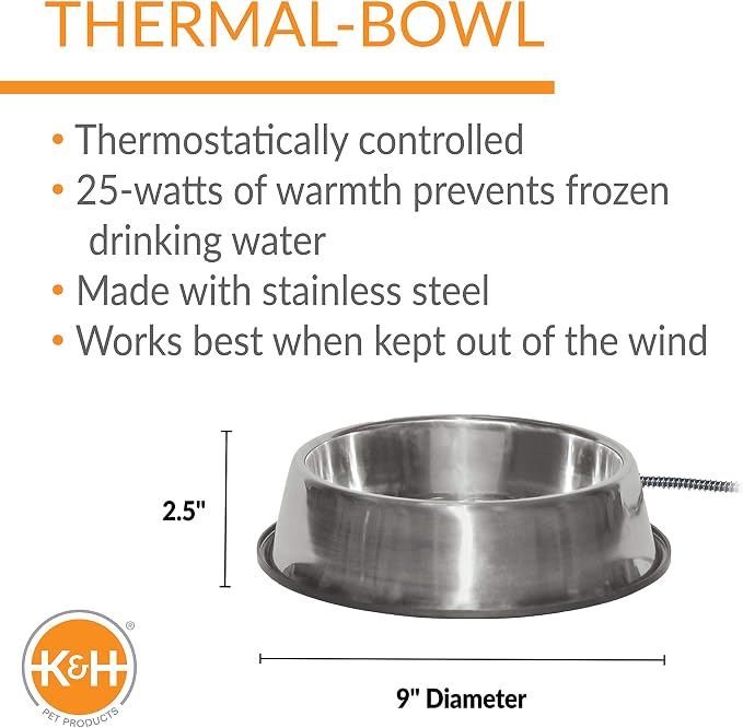 K&H Pet Products Thermal-Bowl Heated Water Bowl for Cats & Dogs Outside, Safety Listed Outdoor Heated Dog Dish for Pets, Automatic No Freeze, Anti Chew Cord - 102 Ounces Stainless 25W