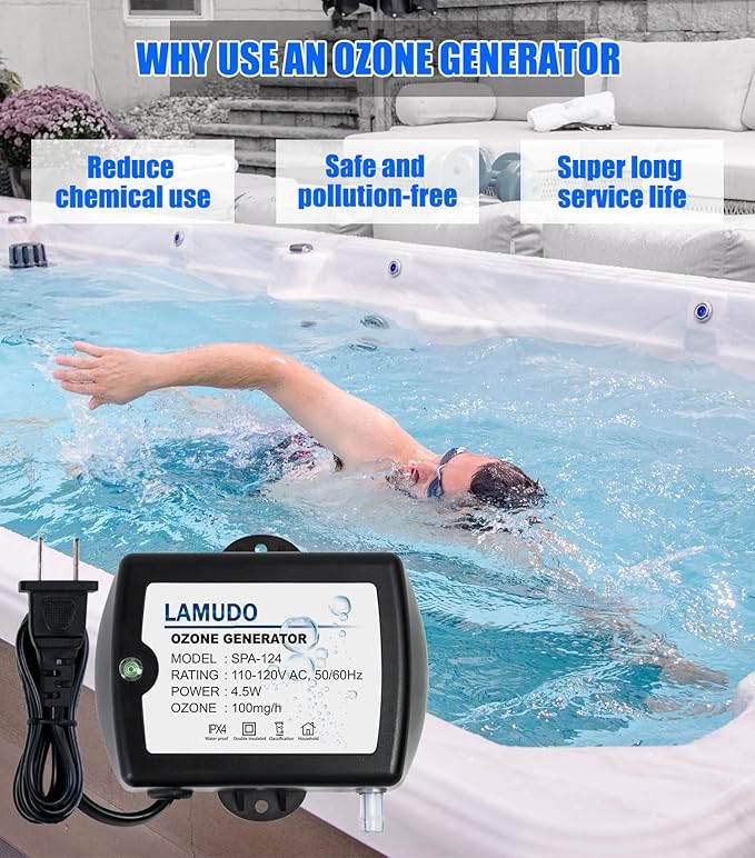 Ozone Venturi Injector Kit with SPA-124 Ozone Generator for Cold Plunge, Hot Tubs, Swim Spas, Water Treatment System with Ozonator, Standard 3/4" UPVC Pipe Fitting(DIY Pipeline)