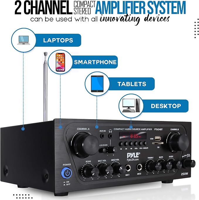 Pyle 2-Channel Bluetooth Home Stereo Amplifier - 250W Wireless Audio Receiver, Karaoke Optimized: Dual Mic In with Echo, Mic Talk-Over, FM Radio, USB-A MP3 Player, RCA, AUX, Remote Ctrl - PTA24BT