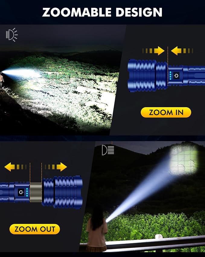baibian Rechargeable Flashlight 100000 High Lumens, Super Bright Flashlights High Powered, Handheld Waterproof Tactical LED Flashlight-Zoomable 5 Modes-31H Runtime for Emergency Camping (Blue)
