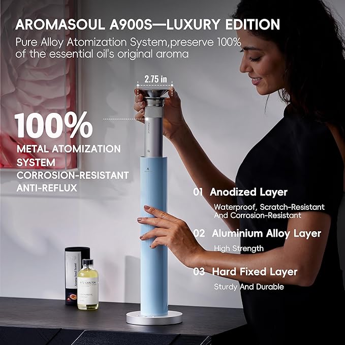Waterless Scent Diffuser Starter Kit - Alloy Atomization System, Smart Rechargeable Hotel Scent Diffuser, 1500 Sq Ft Coverage, Including 6×15ml Essential Oils, for Home, Large Room, Spa, Pastel Blue