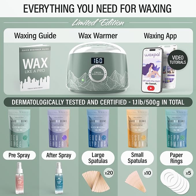 Tress Wellness Award Winning Waxing Kit for Sensitive Skin – Safe for Face & Skin, Easy to Use – At-Home Kit for Face, Bikini, Brazilian & Full Body - Digital Display, Green Mountain