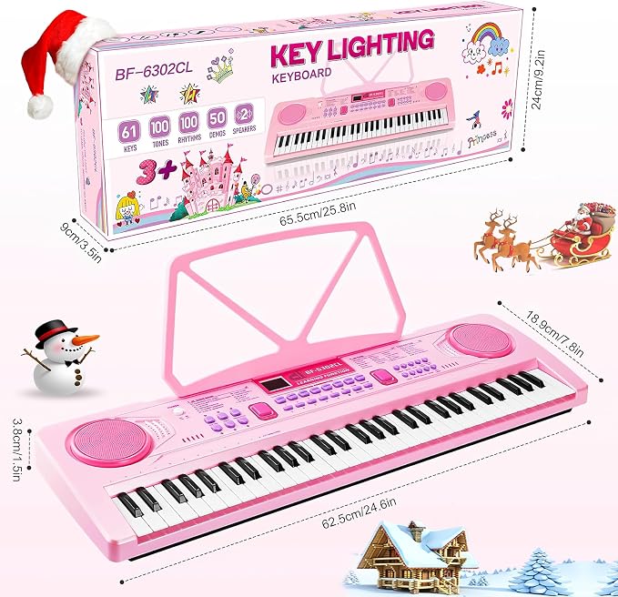 WOSTOO 61 Key Piano Keyboard for Kids, Portable 24.6-Inch Electronic Digital Piano with Follow Teaching Mode, Music Stand, Microphone & Recording, Educational Musical Instrument for Beginners, Pink
