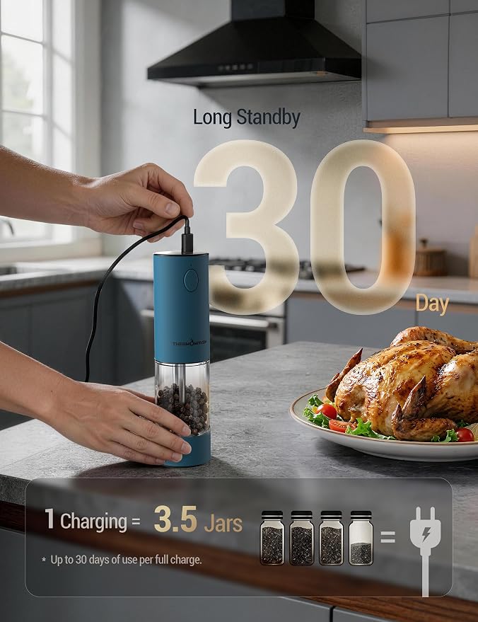 ThermoMaven Electric Salt and Pepper Grinder Set, 110ml Larger Rechargeable Automatic Salt and Pepper Mill Grinder with 6 Adjustable Coarseness, Electric Salt and Pepper Shakers, LED, Navy Blue