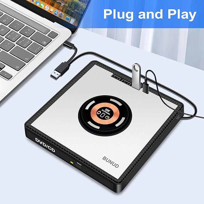 BUNUD External CD/DVD Drive for PC: DVD Burner with 15W Fast Wireless Charger for AirPods 4 3 2 Pro - External DVD Player for Laptop Mac Apple Windows with SD/TF/3 USB Ports