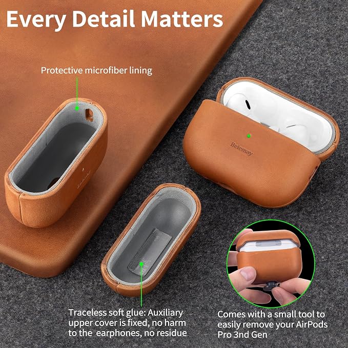 Belemay Handcrafted Crazy Horse Leather Case for AirPods Pro 3rd Gen (2025), Vintage Aesthetic, Two-Tone Effect, Unique Patina, Compatible with MagSafe, Compatible with Airpods Pro 3, Pine Green