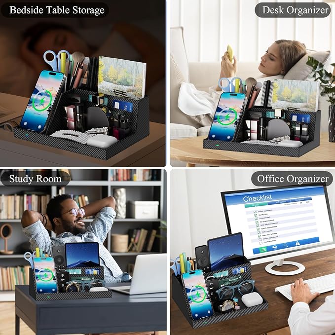 TopMade Wireless Charger Nightstand Organizer, Multi-functional Leather Home Office Supplies, Fast Charging Station for iPhone, Remote Control Pen Holder, Desktop Storage (Black Carbon Fiber)