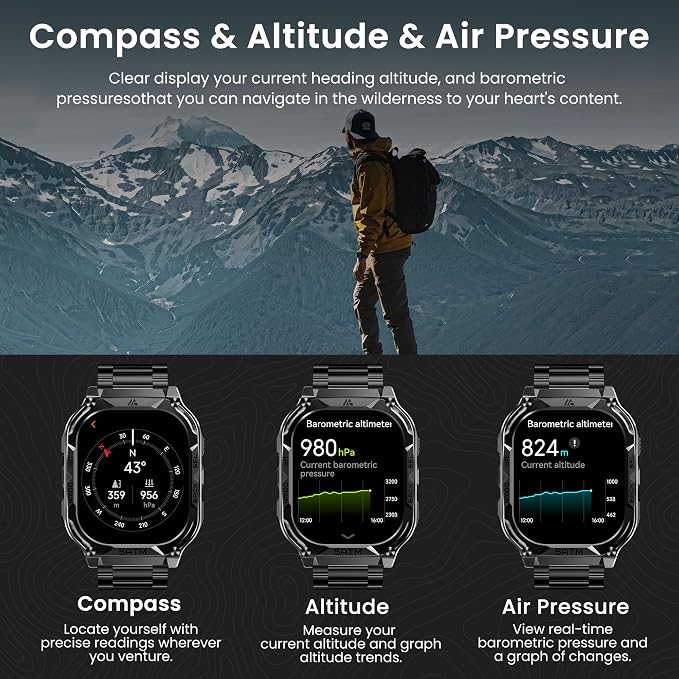 AMAZTIM Smart Watch with GPS - Rugged Outdoor Fitness Watch, 170+ Sports Modes, 5 ATM Waterproof, 1.96" AMOLED, Answer/Make Calls, Android & iOS Compatible (2 Straps)