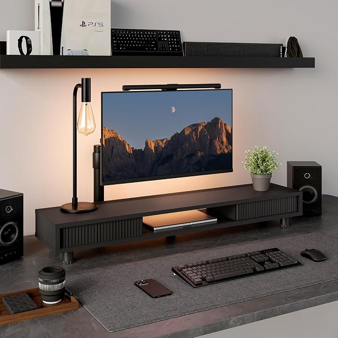 Fenge Dual Monitor Stand, 42.5inch Long Monitor Stands Riser for 2 Monitors, Glass Sliding Door with Storage Organizer Stand for Desk, 2 Tier Desk Shelf for Laptop, Pc, Printer, Computer, TV