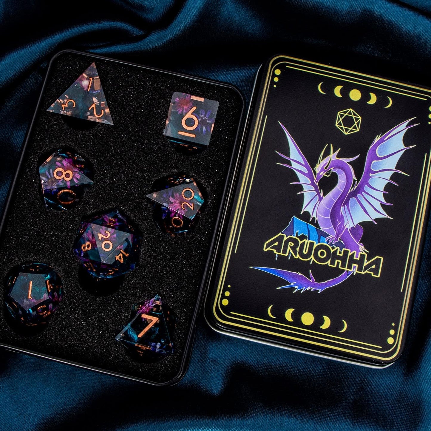 ARUOHHA DND Resin Dice Translucent Sharp Edged Dragons Dice Set, 7pcs Flower Leaf Polyhedral Dungeons D and D Dice RPG Role Playing Game D20 D12 D10 D8 D6 D4