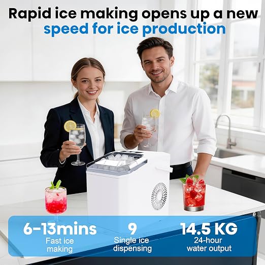 Countertop Ice Maker Machine with Portable Handle, Basket and Scoop, 26lbs Daily, 9 Ice Cubes Ready in 6 Mins, Auto-Cleaning for Home, Kitchen, Office, Outdoors, RV Camping.