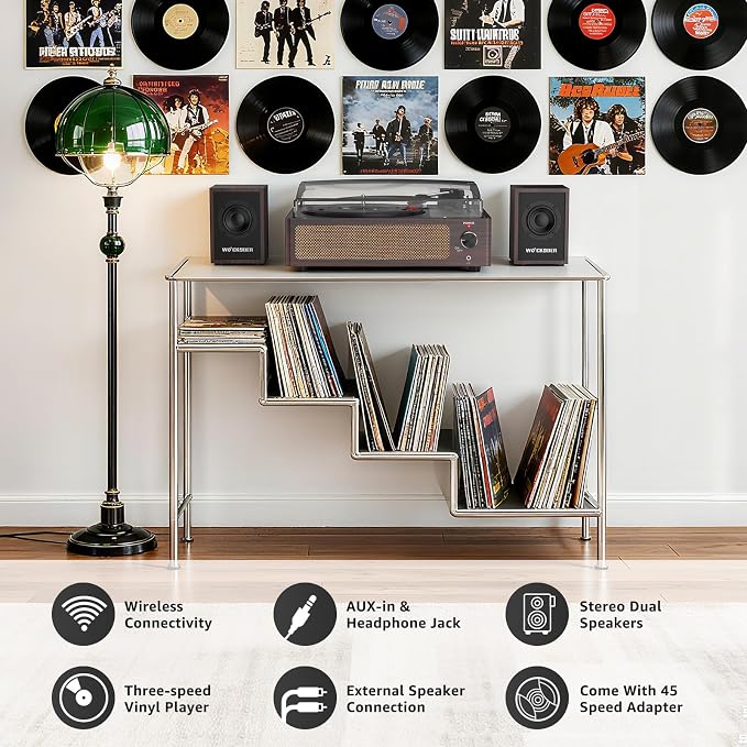 Record Player with External Bookshelf Speakers Belt-Drive Vintage Turntable for Vinyl Records Passive Dual Stereo Speakers LP Players 3 Speed Wireless AUX Headphone Auto Stop Retro Wooden Dark Red