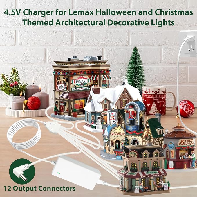 4.5V Power Adapter for Lemax Lighted Accessory 94566 94563 94564 94565 74295 74269 74707 84428 44242 Christmas Halloween Village Lights Micro Lighting Building Decor(12 Output White)