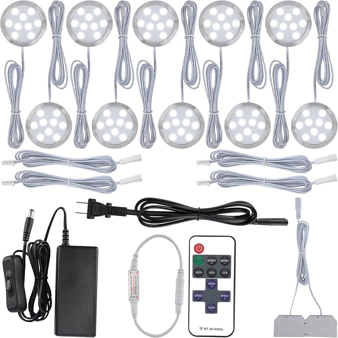 Hardwired Under Cabinet Lighting Kit, LED Under Counter Puck Lights, 120V Electric Wall Plug Adapter, Remote Control Dimmable, 10 Ways Octopus Junction Box, 10 Lights, Cool White