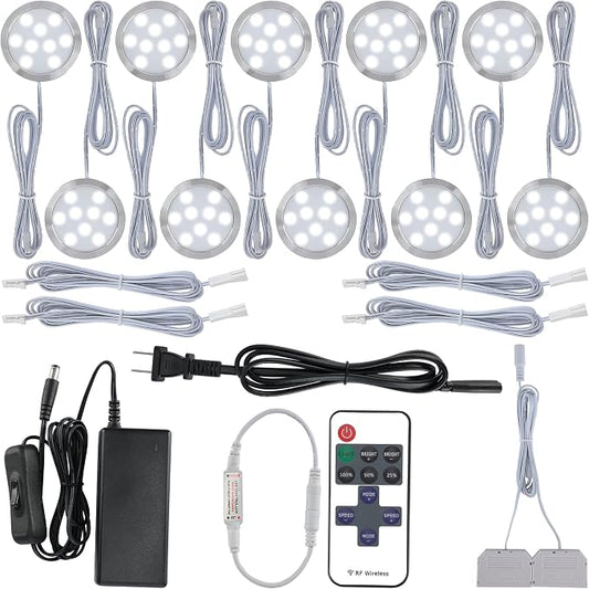 Hardwired Under Cabinet Lighting Kit, LED Under Counter Puck Lights, 120V Electric Wall Plug Adapter, Remote Control Dimmable, 10 Ways Octopus Junction Box, 10 Lights, Cool White