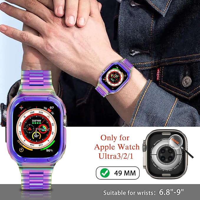 MioHHR Stainless Steel Band and Case Compatible with Apple Watch Band 49mm, Men Metal Protective Bumper Cover for iWatch Series Ultra 3/2/1, Multicolor