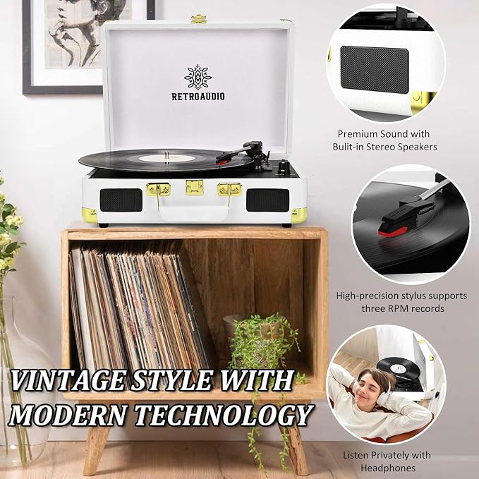 Vinyl Record Player 3-Speed Bluetooth Portable Suitcase Belt-Driven Record Player with 2 Built-in Stereo Speakers Vinyl Vintage Turntable Phonograph Records Player with RCA Line Out, AUX Out (White)