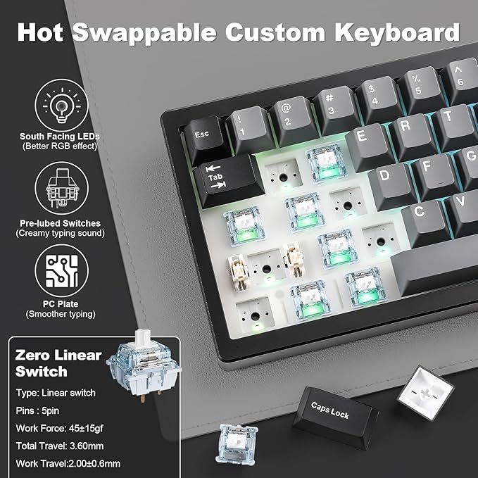 YUNZII AL68 Wireless Mechanical Keyboard,Full Aluminum CNC,60% Layout with Knob, QMK/VIA Software,Gasket Mounted,Hot Swappable,RGB Backlit,BT/2.4G/USB-C for Mac/Win(Black, Gateron Zero)