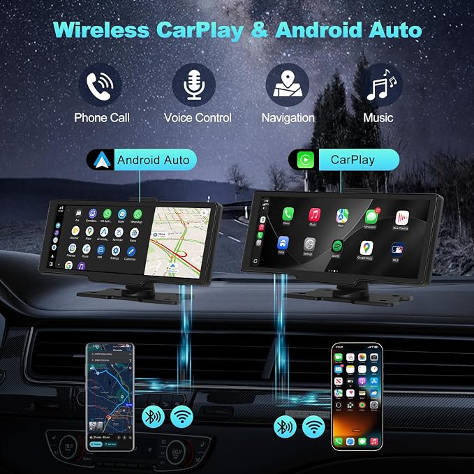 Portable Apple CarPlay Screen for Car, 10.26“ Wireless CarPlay & Android Auto Touch Screen Voice Control Navigation, 4K Dash Cam & 1080P Backup Camera DVR Recording Plug & Play for Car Truck