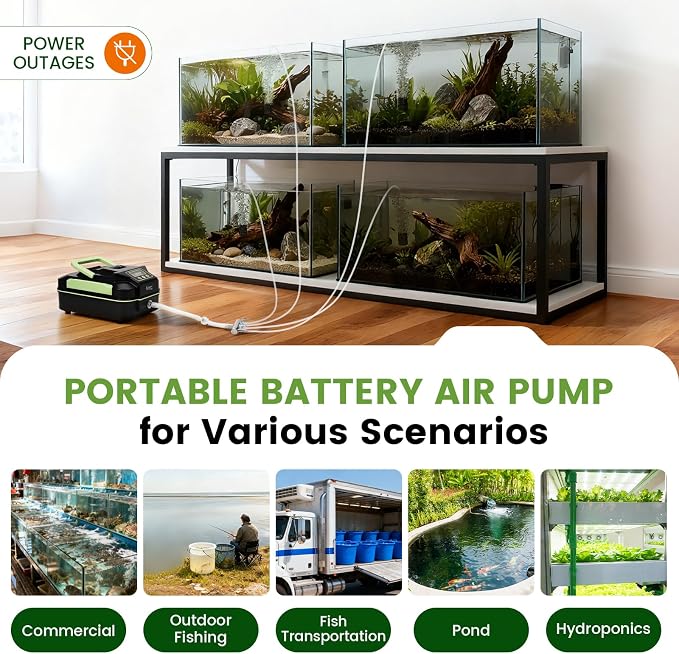 hygger Powerful Rechargeable Aquarium Air Pump, Adjustable Battery-Powered Oxygen Aerator for Fish Tank Emergency, Commercial Use, Live Well, Koi Pond & Power Outages