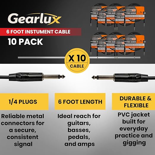 Gearlux Instrument Cable/Guitar Cable, 1/4 Inch, Straight to Straight, Black, 6 Feet - 10 Pack