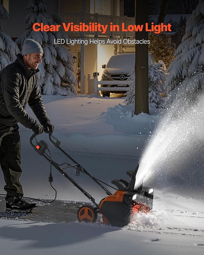 VEVOR Corded Electric Snow Blower, 23-inch 15A Snow Thrower with Dual LED Headlights & 180° Rotating Chute, 25FT Throwing Distance, 12" Depth Clearing, Walk-Behind Snowblower for Driveway Sidewalk