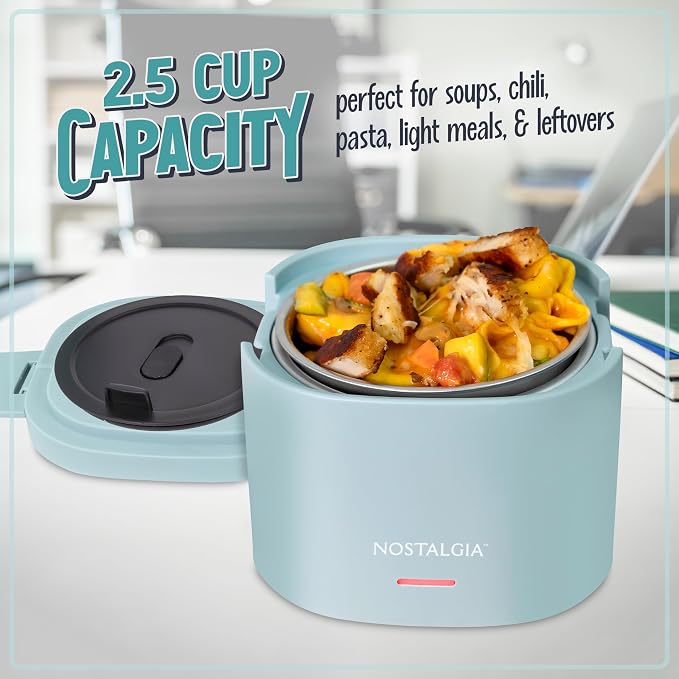 Nostalgia Portable Heated Lunch Box – 2.5-Cup Stainless Steel Food Warmer – Detachable Cord, Leak-Proof Lid, Carry Handle – Portable for Work & Travel – Chambray