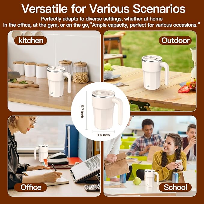 Self Stirring Coffee Mug, 12oz Rechargeable Magnetic Mixing Cup, 316 Stainless Steel Electric Stirring Cup with Lid & Handle for Coffee, Cocoa, Matcha, Creamer, Mushroom Coffee(Matcha Green)