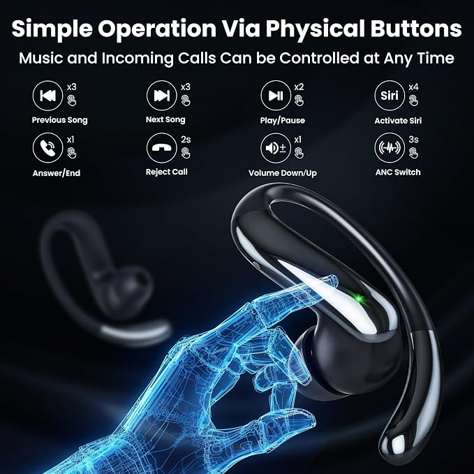 Wireless Earbuds Bluetooth 6.0 Headphone, Sport Bluetooth Earbuds Stereo Deep Bass Over Ear Bud with Earhooks,Active Noise Cancellation, Bluetooth Headphones for Gym/Running/Workout Black