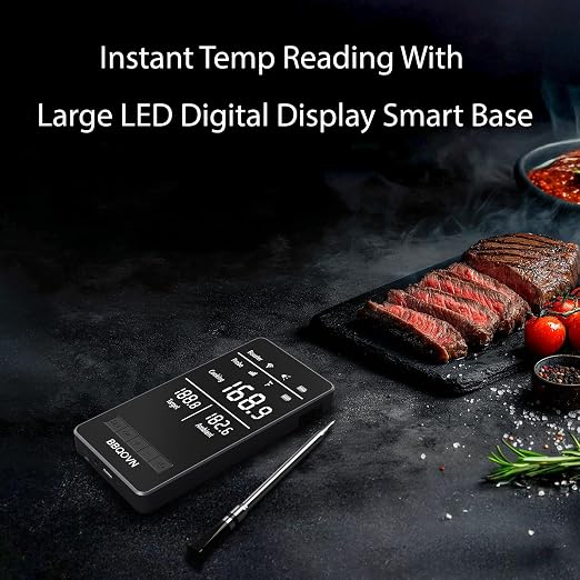 Smart WiFi Wireless Meat Thermometer Unlimited Range 7 NIST Cert.Sensors Accuracy ±0.5°F Sub-1G (10X Stronger Than Bluetooth) APP&Digital Base,Monitor for BBQ, Grill,Oven, Smoker(1, Black, Small)