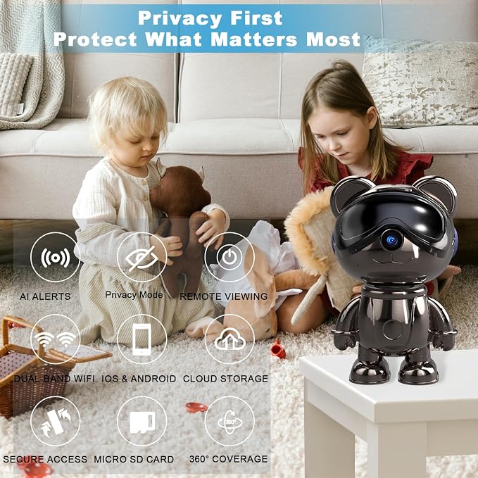 Cute Bear 3K Security Camera – Indoor WiFi Baby Monitor & Pet Camera with AI Motion Tracking & Auto-Follow, 5MP Pan/Tilt, Anti-Glare IR Night Vision, Privacy Mode, Works with Alexa & Google Home（TDB5）