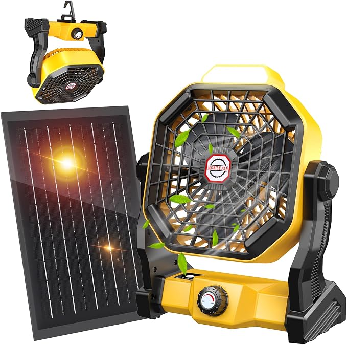 JINLICTE Solar Fan with LED Lantern, Camping Fan with 7W Solar Panel, Rechargeable Solar Powered for Outside, Quiet Battery Operated Tent for Picnic, Barbecue, Fishing, Travel